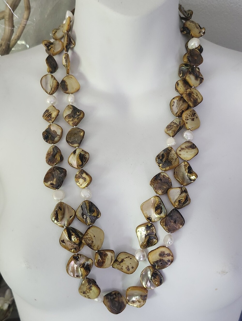 Chunky Double-Strand Cream & Brown Shell Pieces Statement Necklace